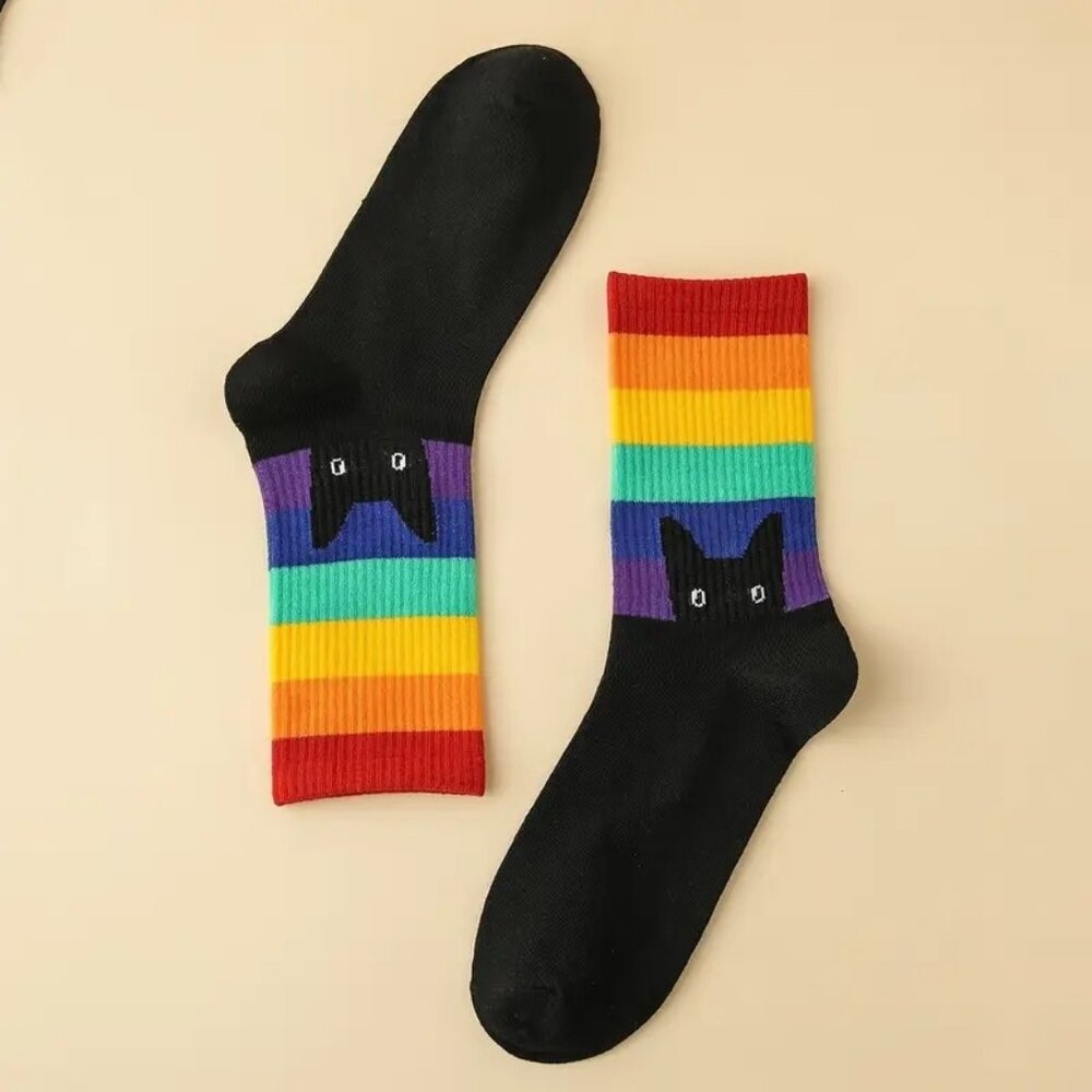 Single and Double Rainbow Kitten Ribbed Mid-Calf Socks UNISEX KWOT - Picture 1 of 3